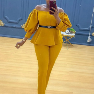 No Belt 2021 African Clohtes For Women New Arrival Spring Autumn Solid Color Two Pieces Sets Top Pants Africa Clothing discountshub