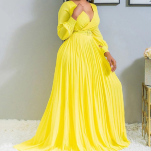 Plus Size Long Sleeve Dress Women Autumn V Neck Yellow High Waist Female 2021 Casual Loose Swing Pleated Maxi Flared Dresses discountshub