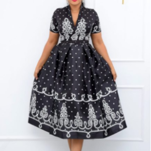 Retro Print Summer Women Dresses A Line Elegance Vintage Black Midi Dress Short Sleeve V Neck Slim fit Party Vacation Outfits discountshub