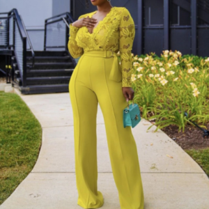 Sexy Jumpsuits 2021 New Arrivals Women Autumn Winter Yellow V Neck High Waisted Fashion Elegant Evening Party Rompers & Jumpsuit discountshub