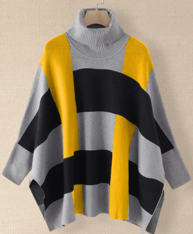 Striped Print High Neck Bat Dolman Sleeve Slit Sweater discountshub