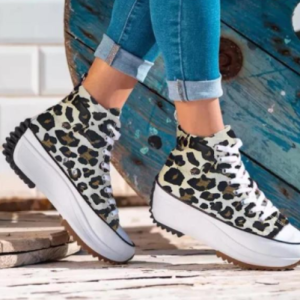 Womens Leopard Striped Sneaker Casual High-Top Shoes Warm Plush Thick-Soled Tail Lace-up Flat Sports Shoes 