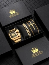 Men Luxury Gift Watches Gold Steel Band Necklace Bracelet Set Super Big Dial WristWatch Business Quartz Watch Relogio Masculino discountshub