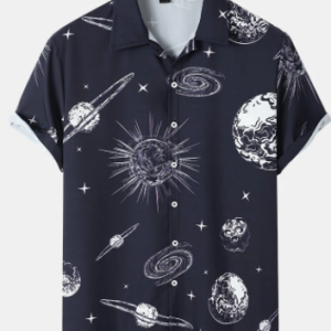 Mens Allover Planet Print Button High Low Hem Short Sleeve Shirts discountshub