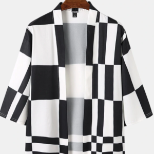 Mens Checkered Geometric Print Open Front Casual Loose Kimono discountshub