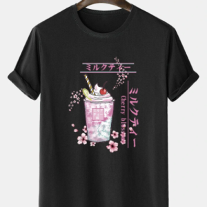 Mens Cherry Blossoms Drink Printed Cotton Short Sleeve T-Shirts discountshub