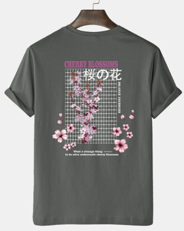 Mens Cherry Blossoms Letter Back Printed Cotton Short Sleeve T-Shirts discountshub
