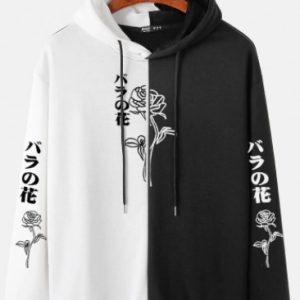 Mens Contrast Stitching Rose Japanese Print Overhead Drawstring Hoodies discountshub