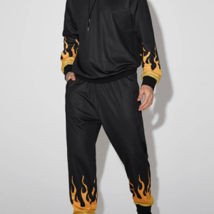 Mens Flame Print Drawstring Hoodie Street Two Pieces Outfits With Sweatpants discountshub