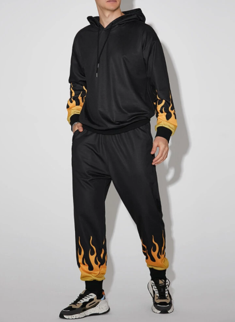 Mens Flame Print Drawstring Hoodie Street Two Pieces Outfits With Sweatpants discountshub