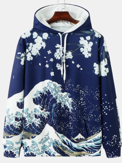 Mens Floral Wave Print Kangaroo Pocket Japanese Style Loose Hoodies discountshub
