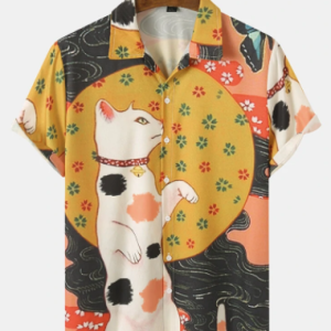 Mens Japanese Style Cat Ukiyoe Print Lapel Short Sleeve Shirts discountshub
