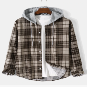 Mens Plaid Button Up Casual Long Sleeve Contrast Hooded Shirts discuntshub