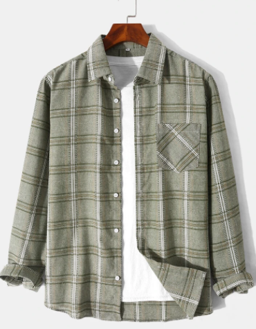Mens Plaid Lapel Button Up Casual Long Sleeve Shirts With Pocket discountshub