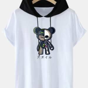 Mens Skeleton Bear Japanese Print Street Short Sleeve Contrast Hooded T-Shirts discountshub