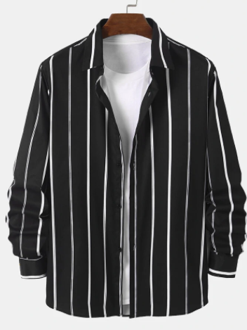 Mens Striped Lapel Collar Button Front Casual Long Sleeve Shirts discountshub