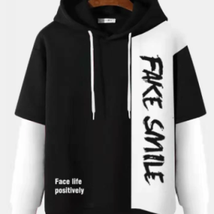 Mens Two Tone Patchwork Letter Print 2 In 1 Street Drawstring Hoodies discountshub