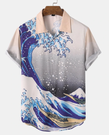 Mens Wave Ukiyoe Print Button Up Japanese Style Short Sleeve Shirts discountshub