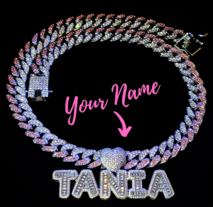 Pink&Clear Stones Cuban Link Chain With Name Pendant Choker Heart Bail Icy Letters Necklace Blingbling Monogram Custom Necklace discountshub