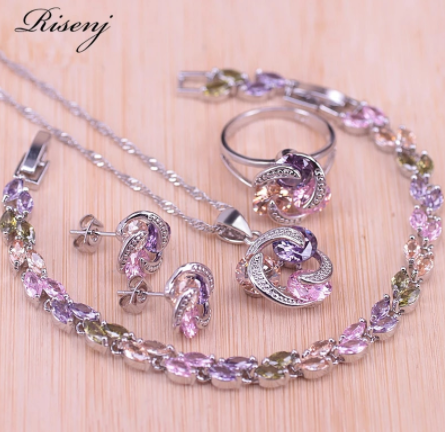 Risenj Big Discount Colorful Lucky Circle Silver Color Jewelry Set For Women Earrings Ring Necklace Drop Shipping T28 discountshub