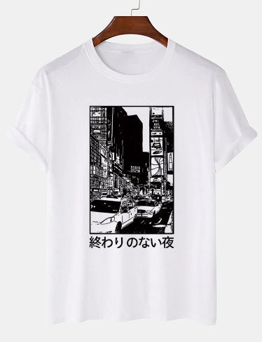 Mens Monochrome City View Japanese Print Cotton Short Sleeve T-Shirts discountshub