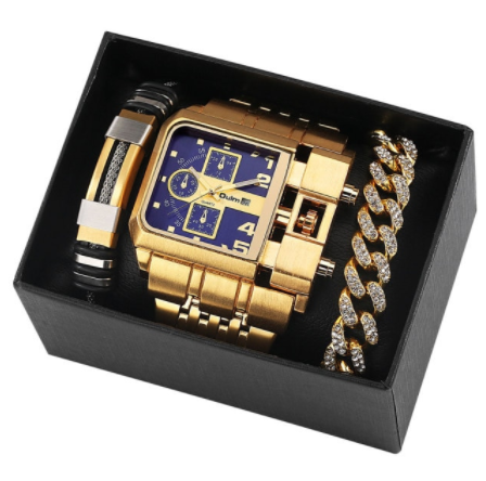Top Brand Luxury Fashion Men Wristwatch Gold Stainless Steel Sport Square Digital Big Dial Quartz Watches Gift Set Reloj Hombre discountshub