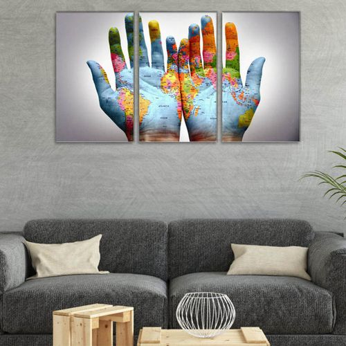 World Map On A Pair Of Hands Print On Canvas Modern Artwork For Wall discountshub