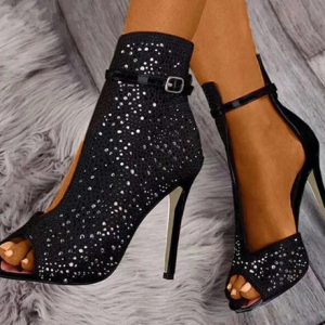 2022 New Large Size Women's High Heels and Ankle Crystal Sandals Black Sexy Ladies Party Banquet High Heels Women Heels discountshub